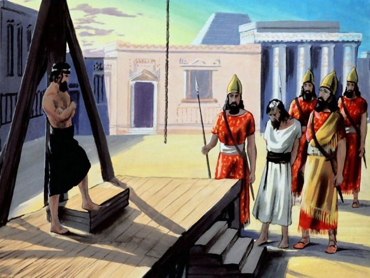 God may seem late, but He's always on time. Mordecai refused to bow to Haman. Haman devised an evil plan to destroy the Jews. Haman received the permission from the King of Persia to exterminate the Jews. In the end Haman hung on the gallows which he had prepared for Mordecai.