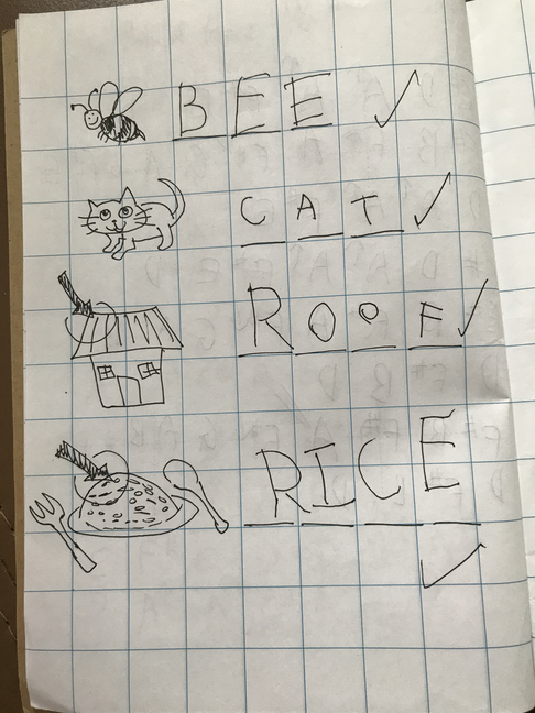 Mae's 'homework' of spelling words based on the drawings on the left.