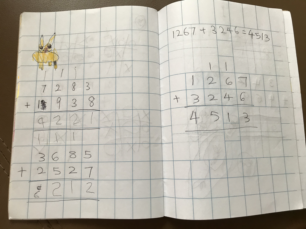 Mae's homework of adding four digit numbers together using the 'working method'.
