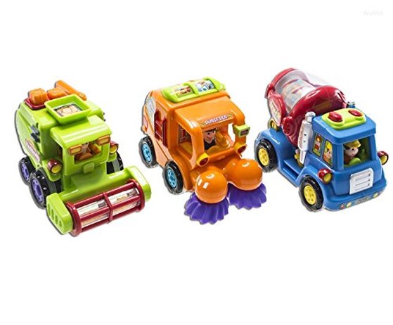 WolVol (Set of 3) Push and Go Friction Powered Car Toys for Boys - Street Sweeper Truck, Cement Mixer Truck, Harvester Toy Truck (Cars Have Automatic Functions)